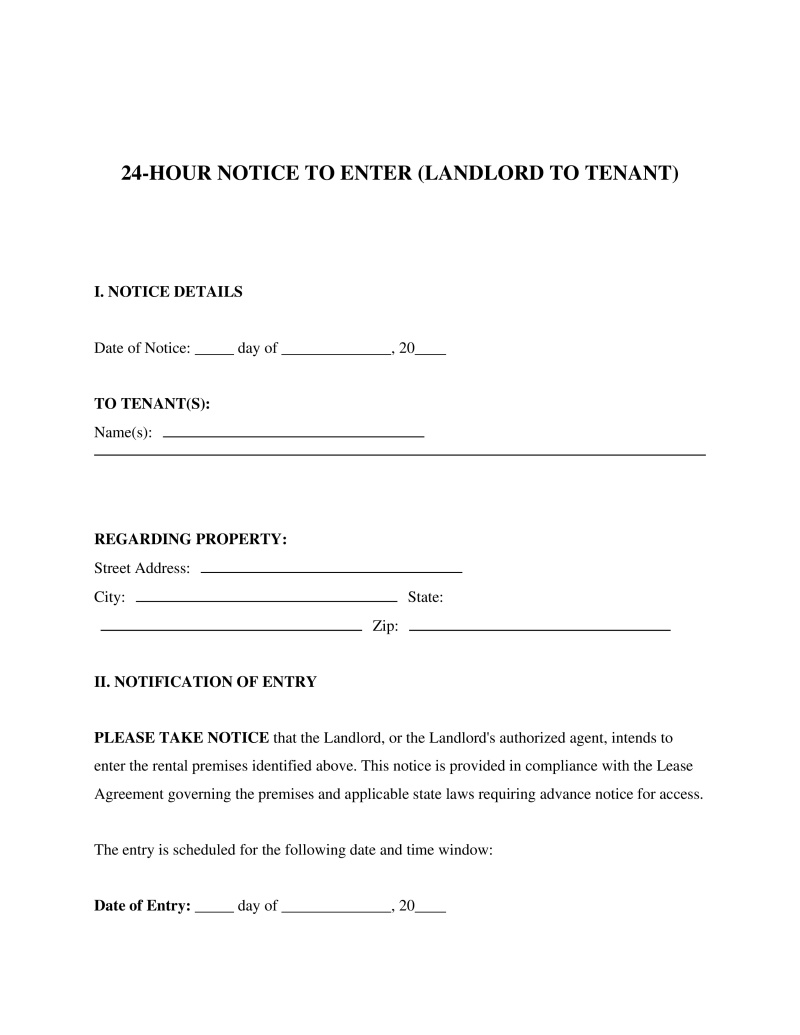 24-Hour Notice to Enter (Landlord to Tenant)