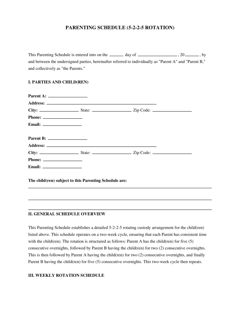 5-2-2-5 Parenting Schedule Template Preview