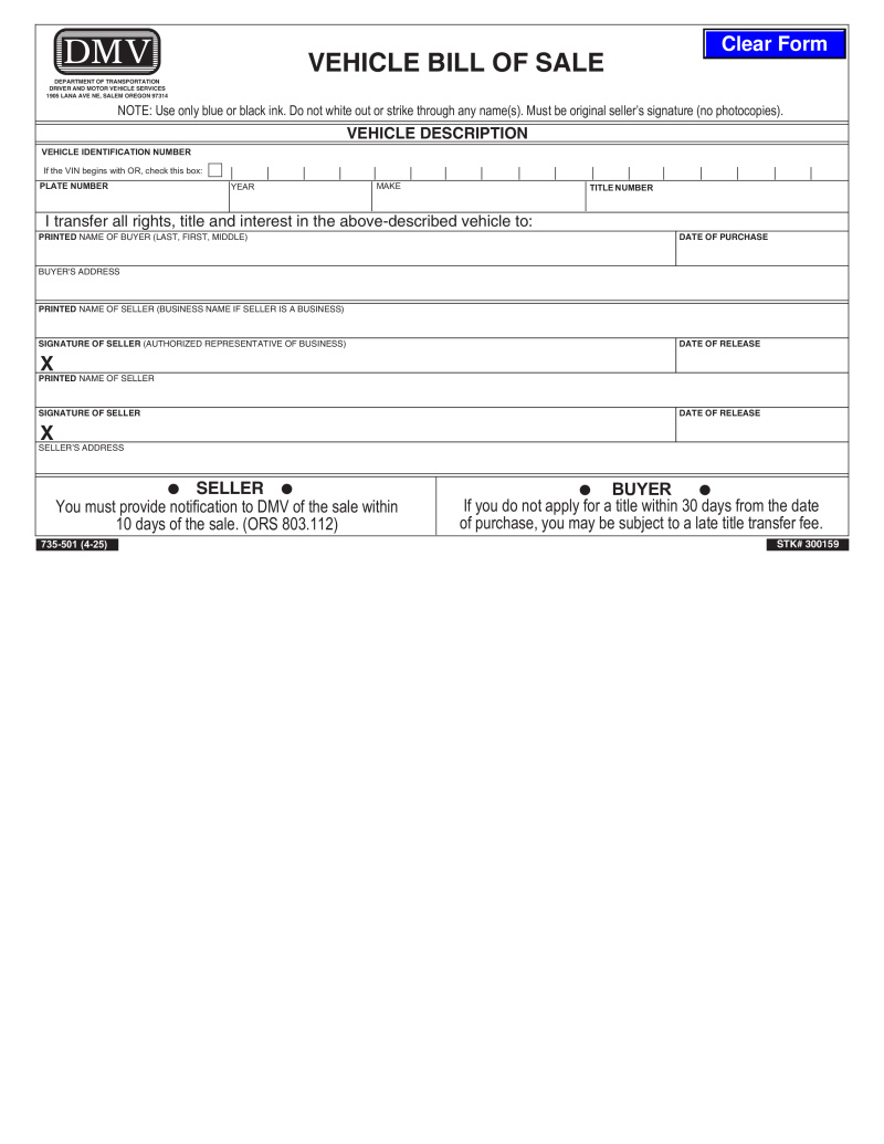 Oregon Bill of Sale Preview