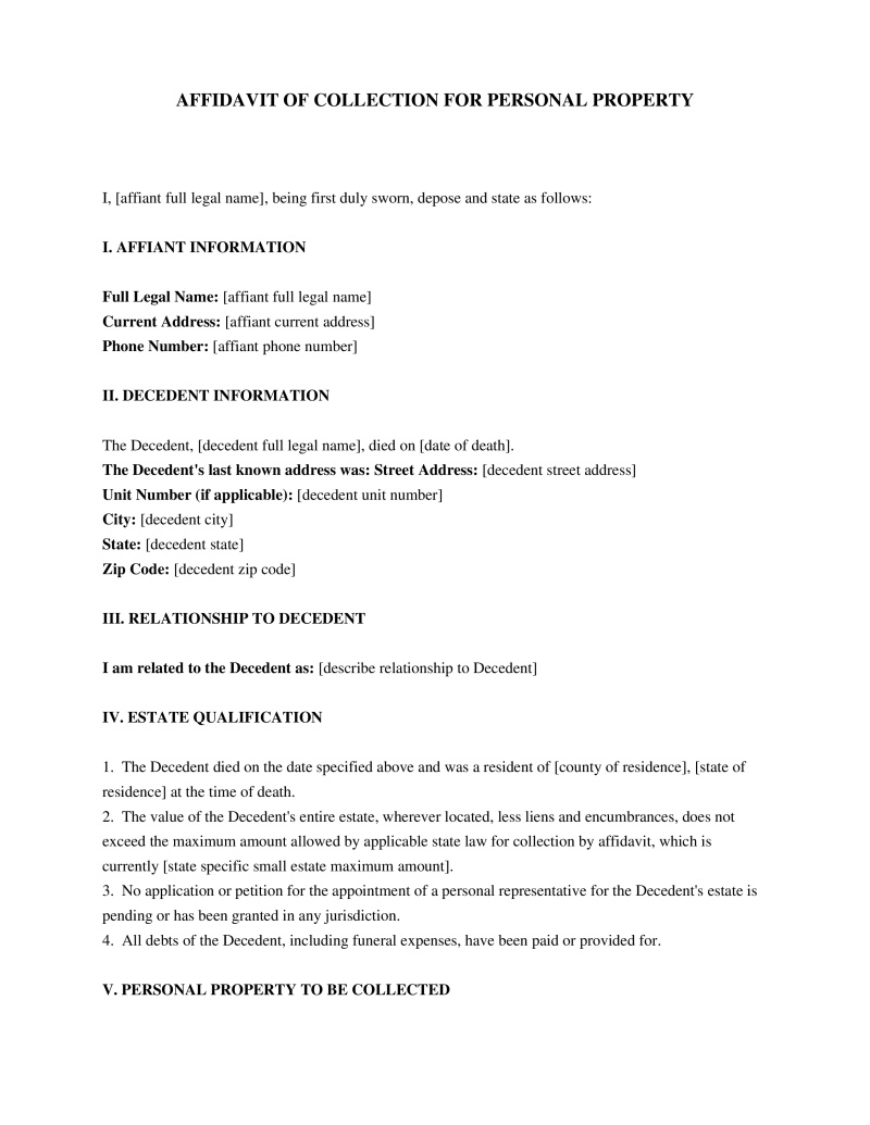 Affidavit of Collection for Personal Property Preview