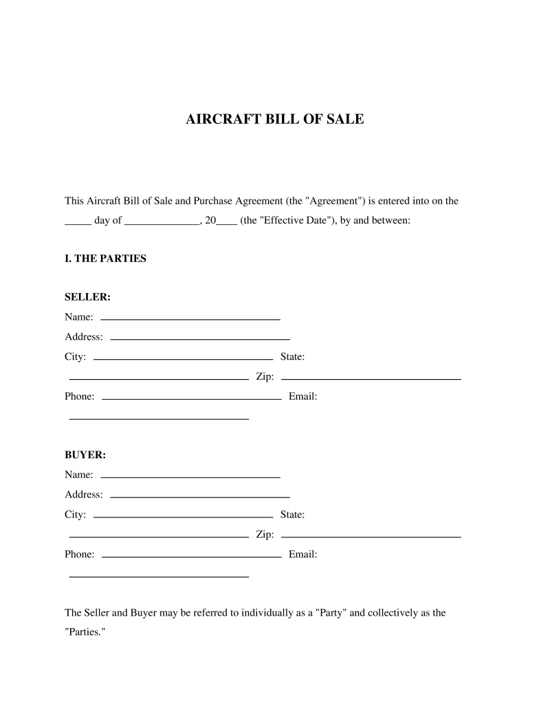 Aircraft (Airplane) Bill of Sale Form Preview