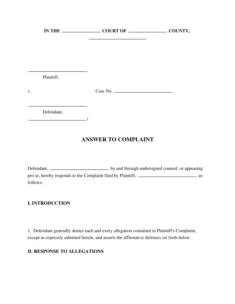 Answer to Complaint Preview