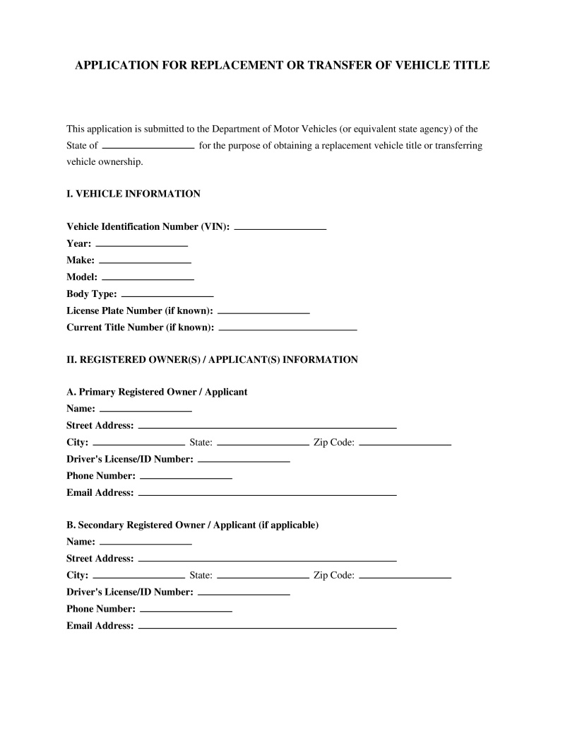 Application for Replacement or Transfer of Title