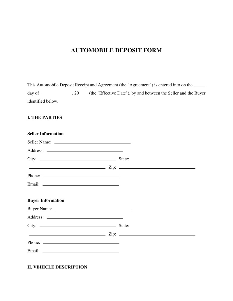 Automobile Deposit Form