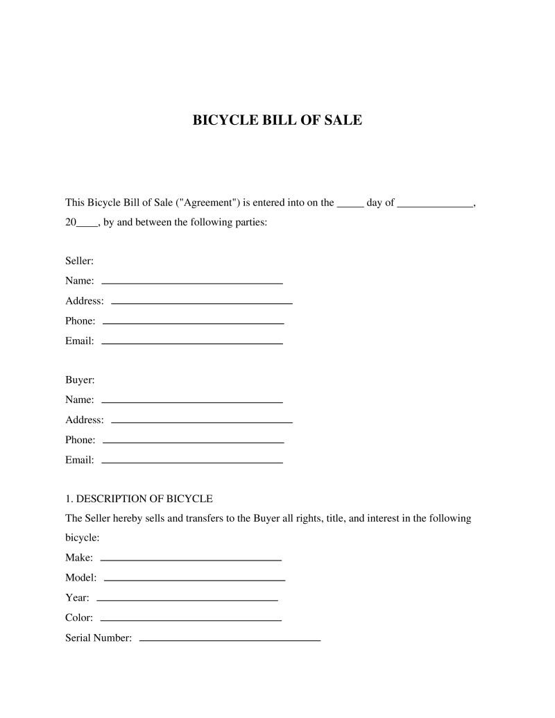Bicycle Bill of Sale Preview