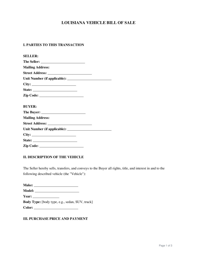 Louisiana Bill of Sale Preview