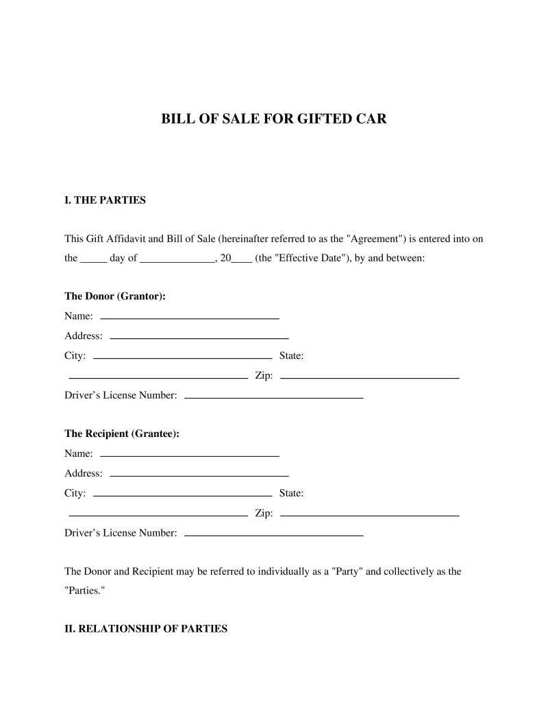 Bill of Sale for Gifted Car Preview