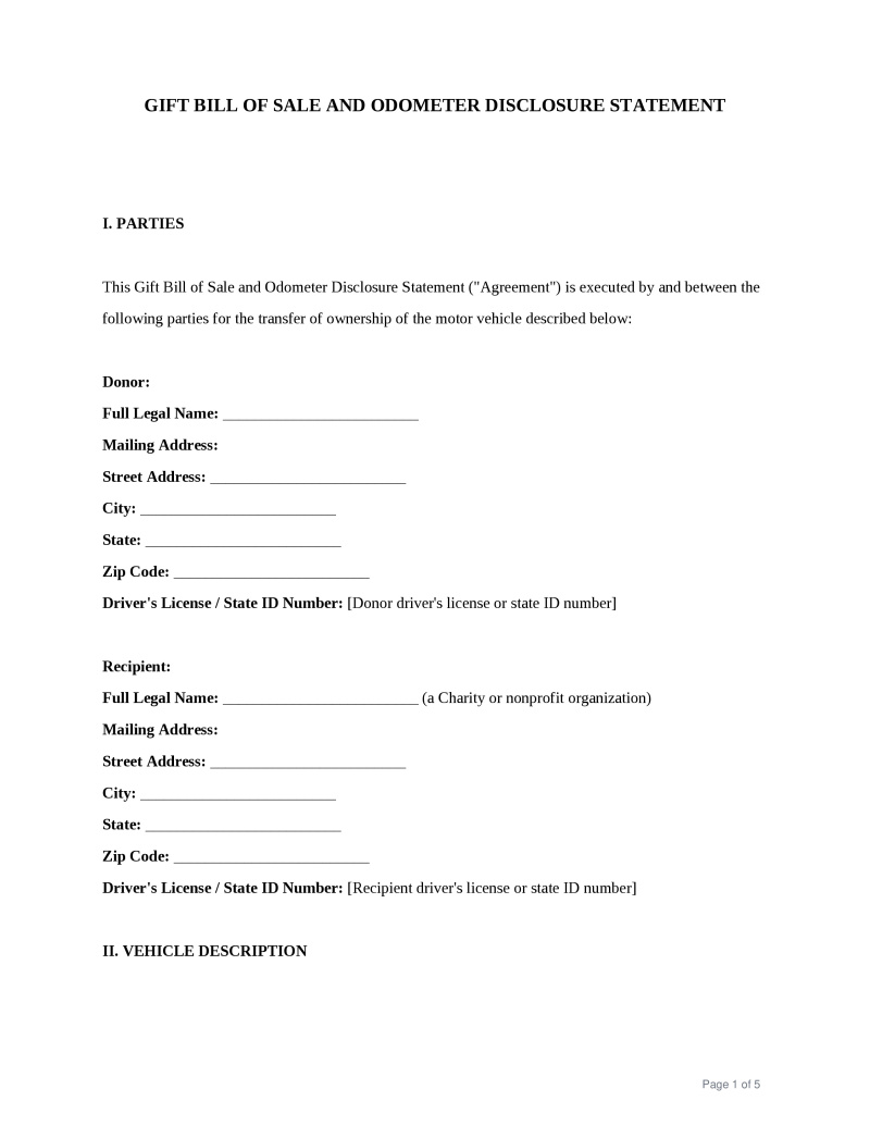 Bill of Sale for Gifted Car Preview
