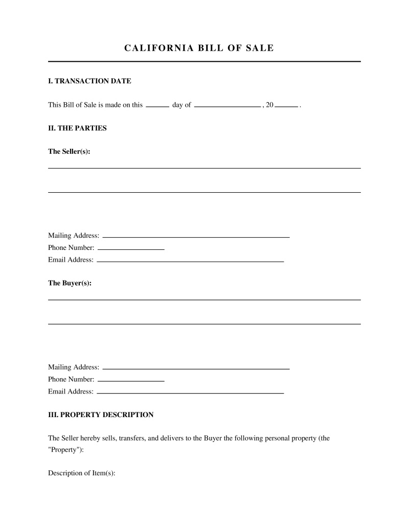 California Bill of Sale Preview