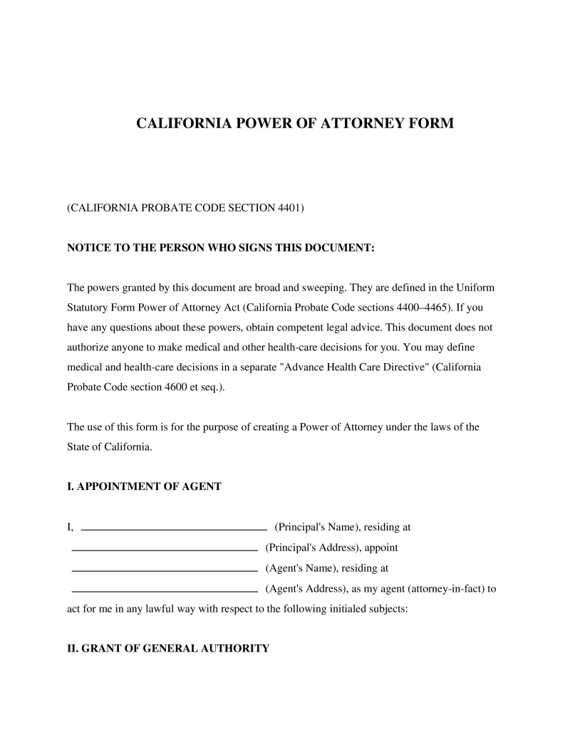 California Power of Attorney Form Preview