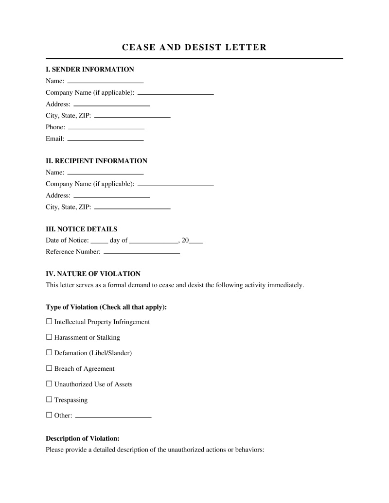 Cease and Desist Letter (Template) Preview