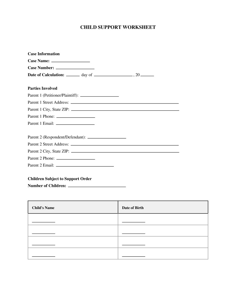 Child Support Worksheet Preview