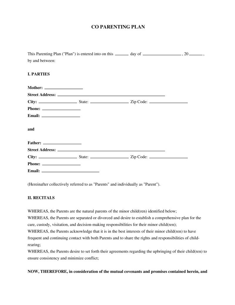 Co Parenting Plan Agreement Preview
