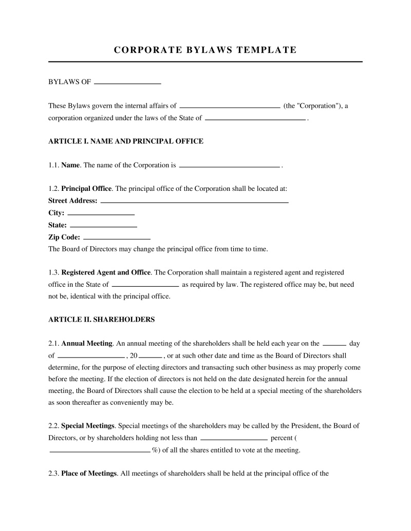 Corporate Bylaws Template