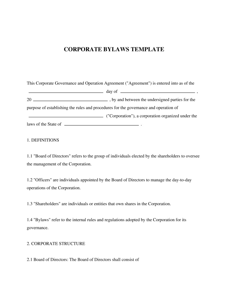 Corporate Bylaws Template Preview