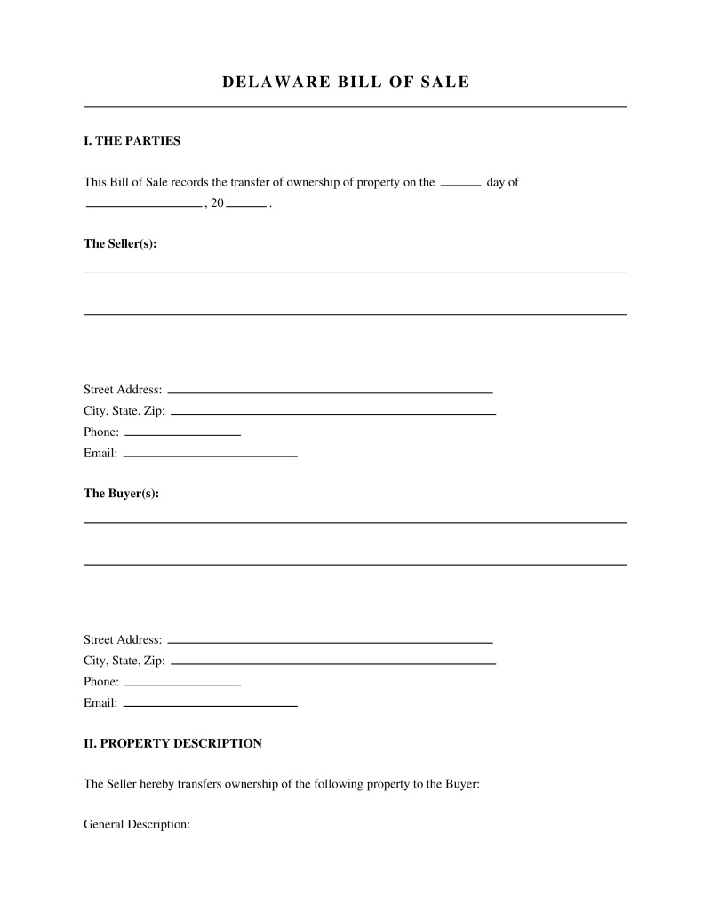 Delaware Bill of Sale Preview