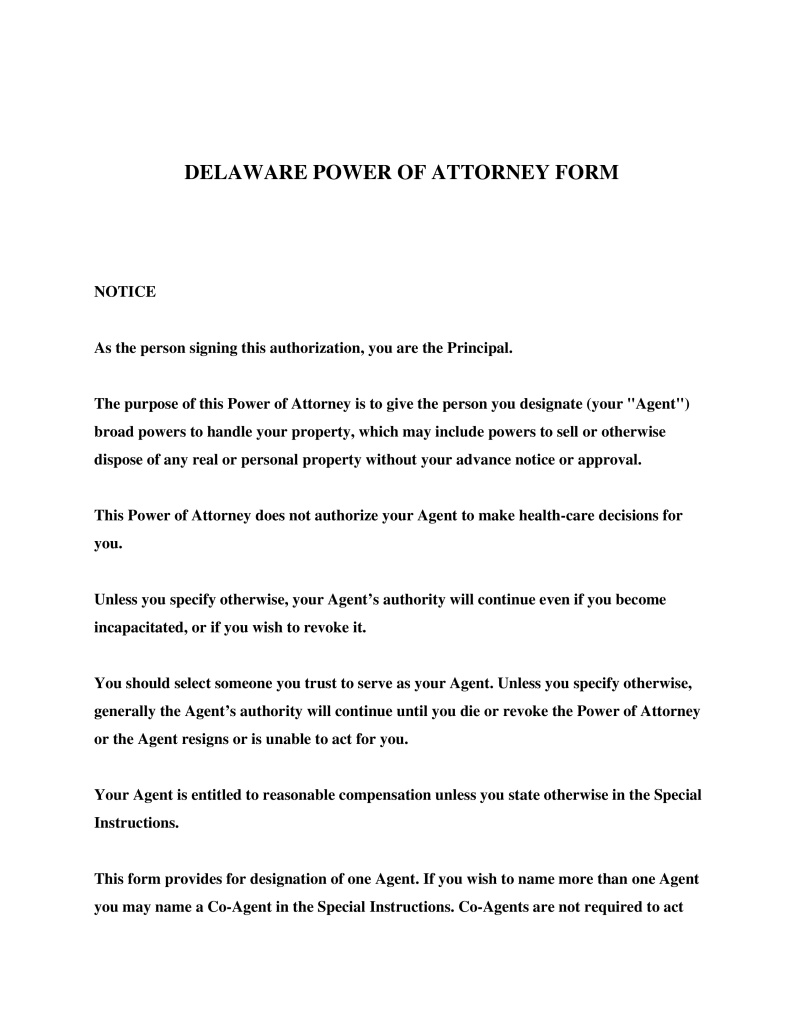 Delaware Power of Attorney Form Preview