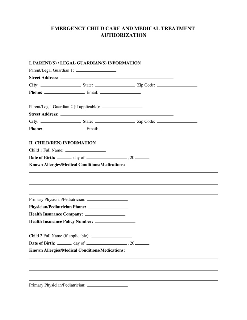 Emergency Child Care Authorization Form Preview