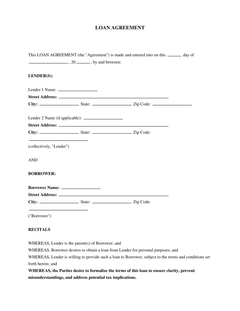 Family Loan Agreement Template Parents To Child Preview