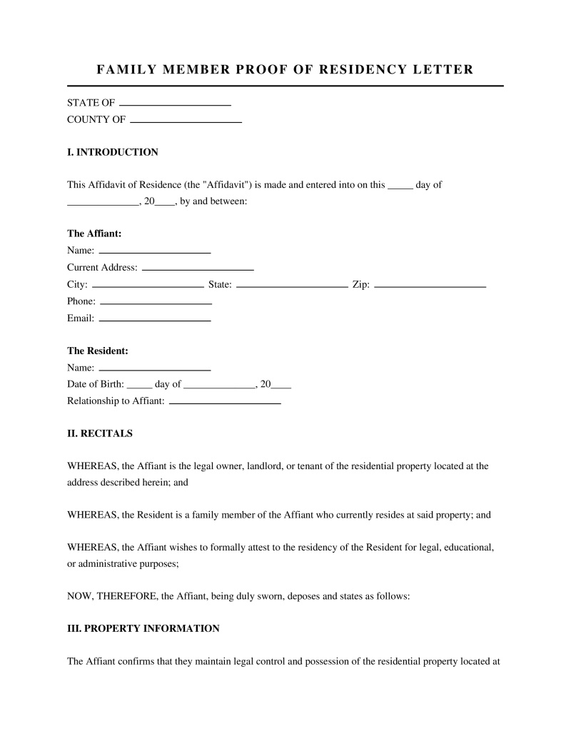 Family Member Proof of Residency Letter Preview