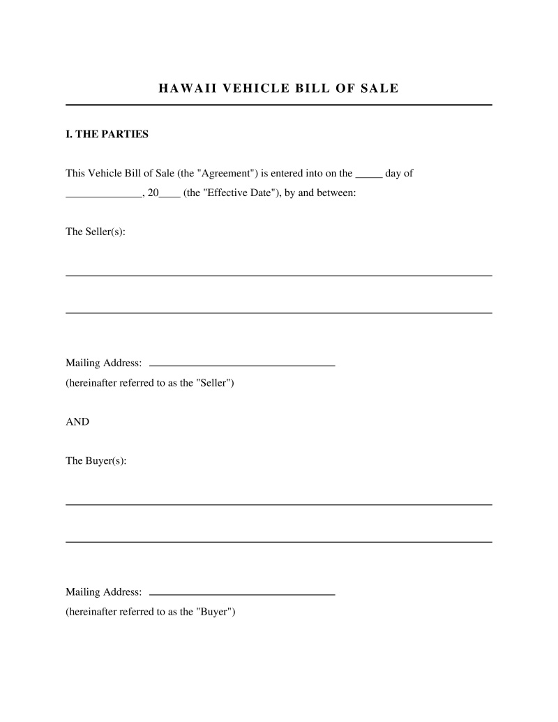 Hawaii Bill of Sale Preview