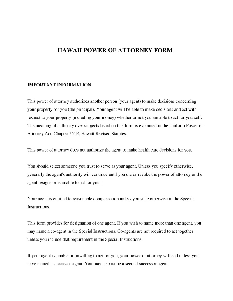 Hawaii Power of Attorney Form Preview