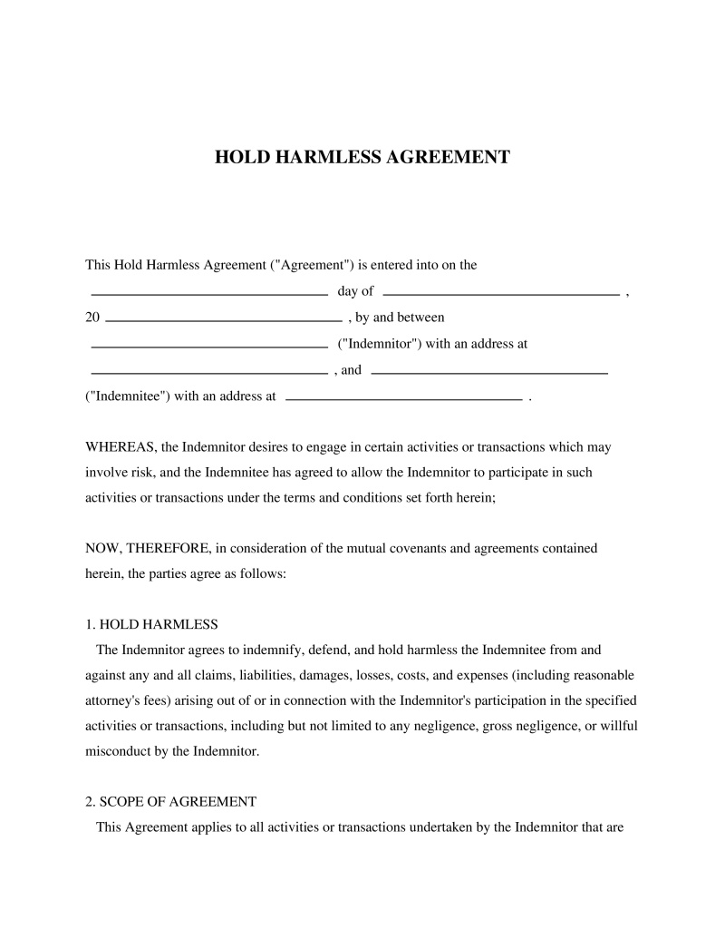 Hold Harmless Agreement Preview