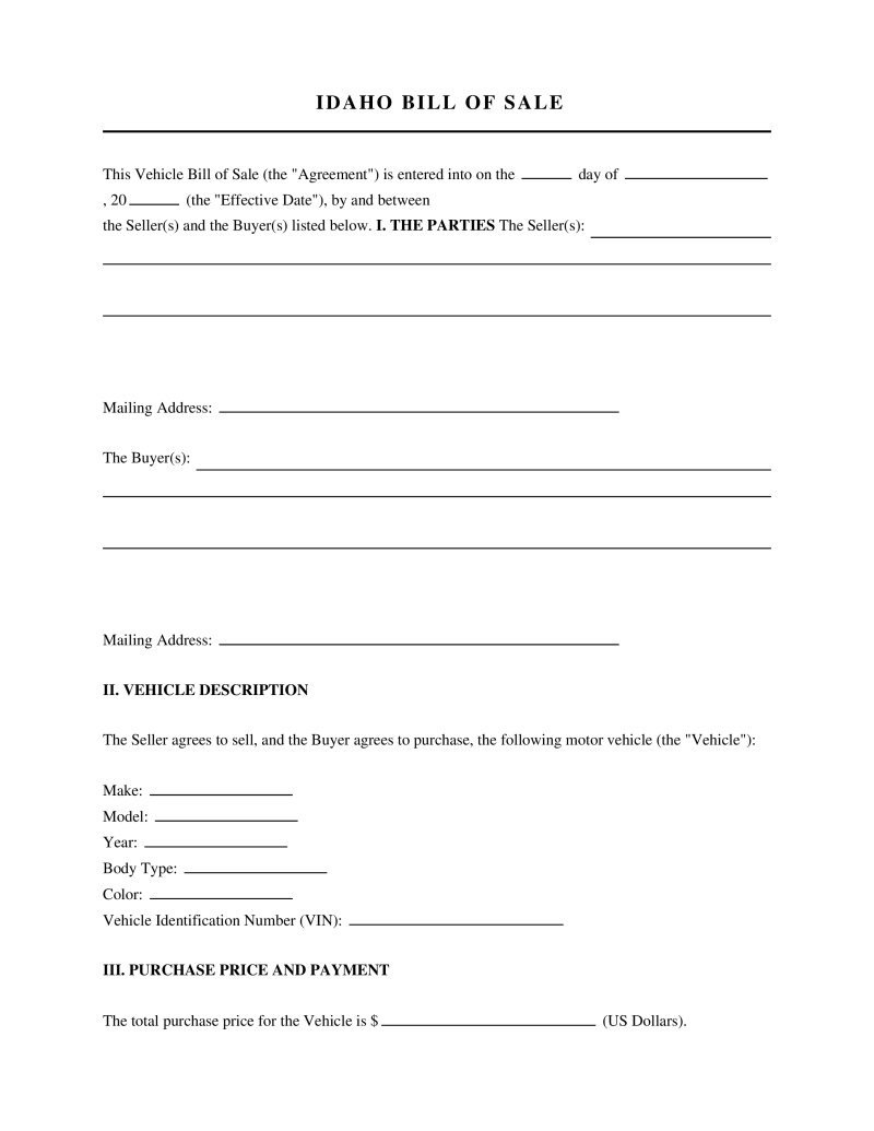 Idaho Bill of Sale Preview