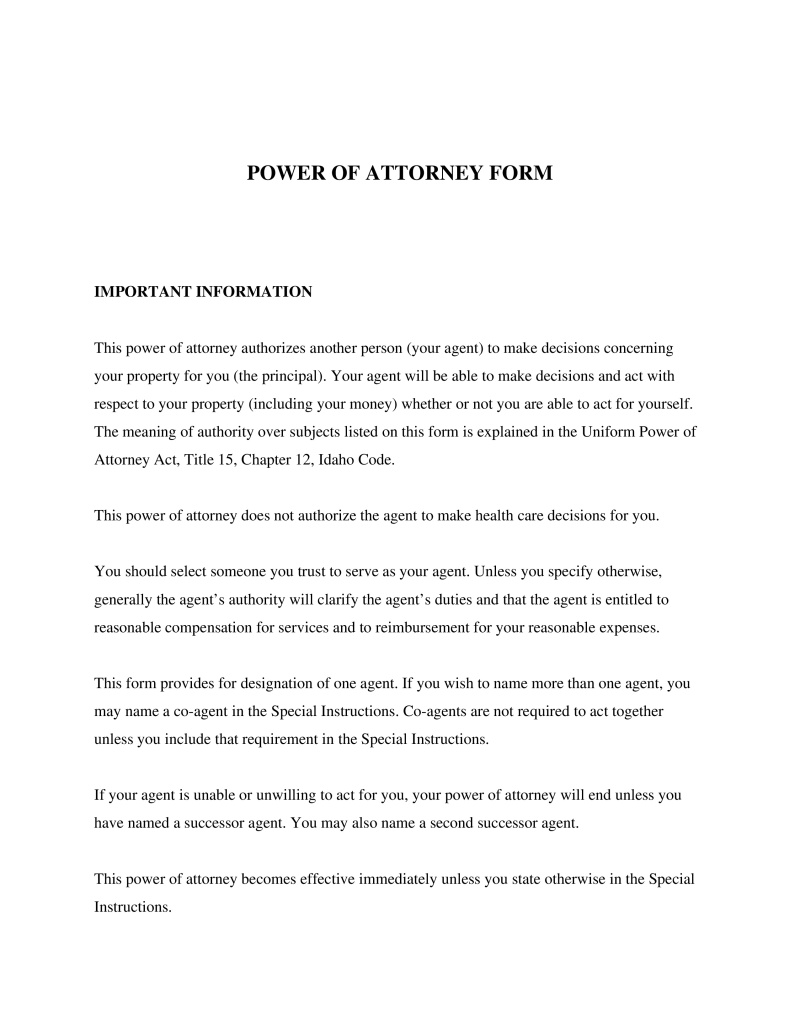 Idaho Power of Attorney Form Preview