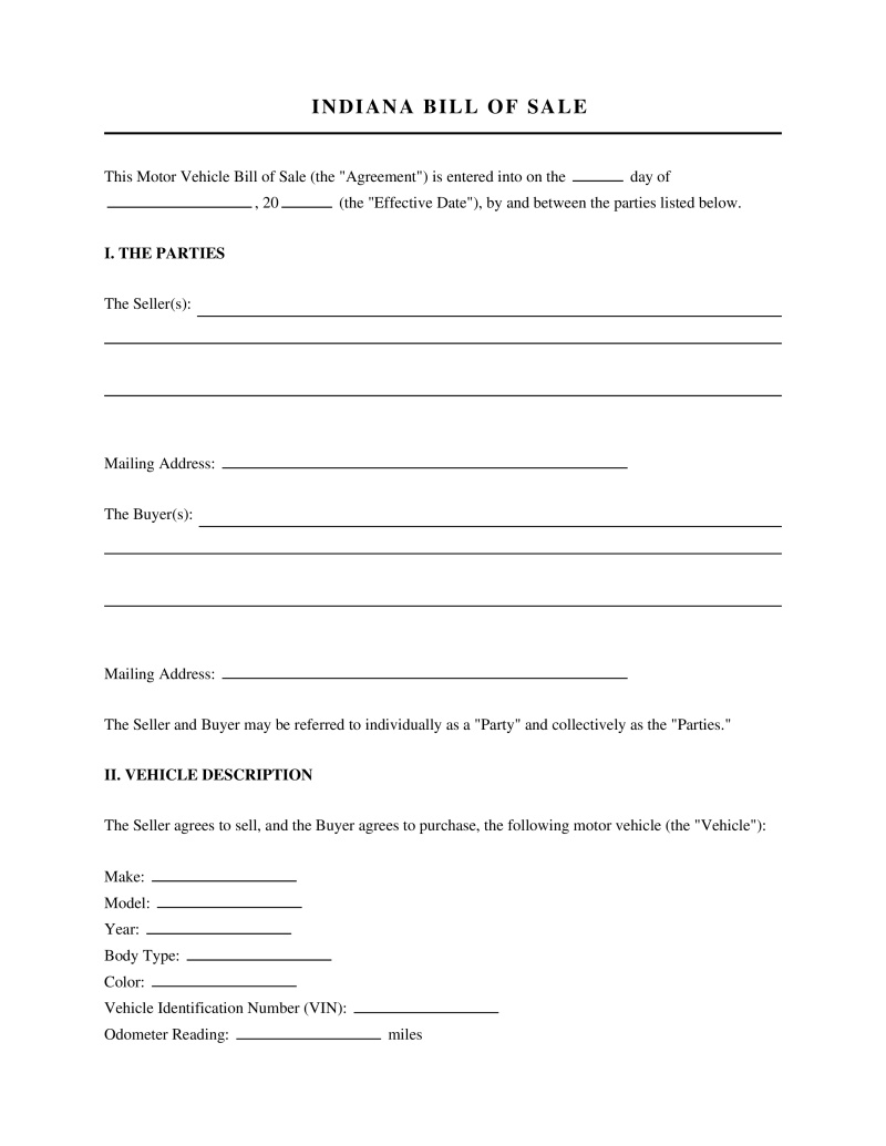 Indiana Bill of Sale Preview