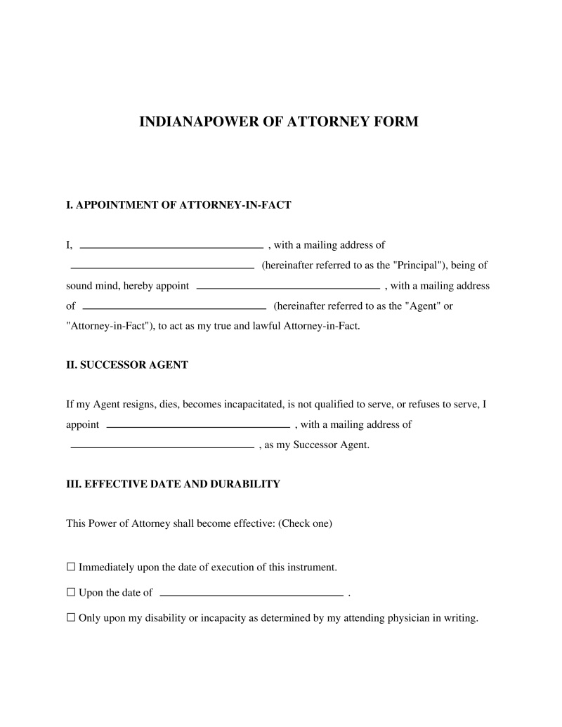 Indiana Power of Attorney Form Preview