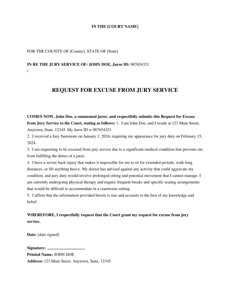 Jury Duty Excuse Letter