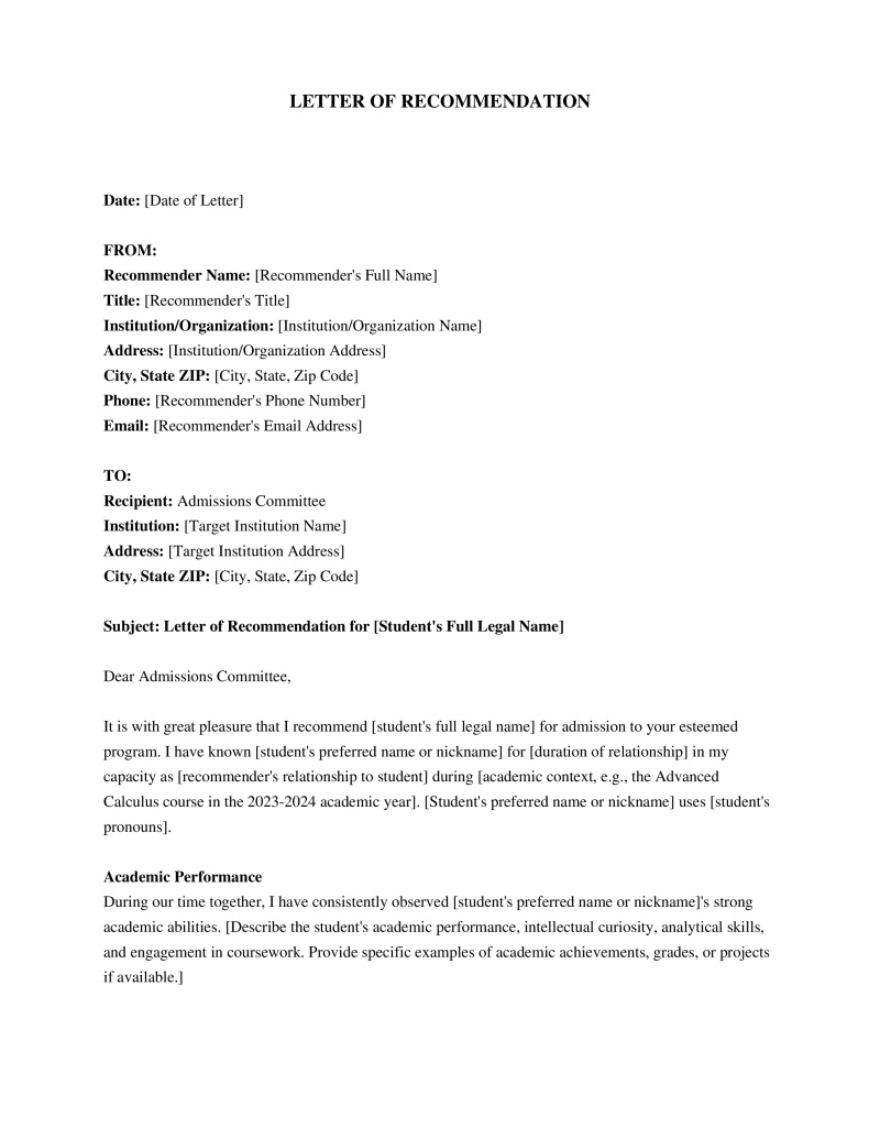 Letter of Recommendation for School Preview