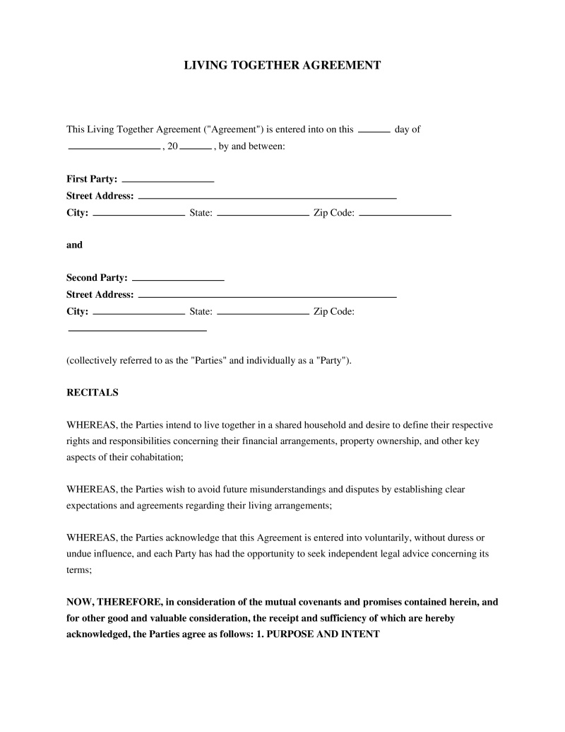 Living Together Agreement Template Preview