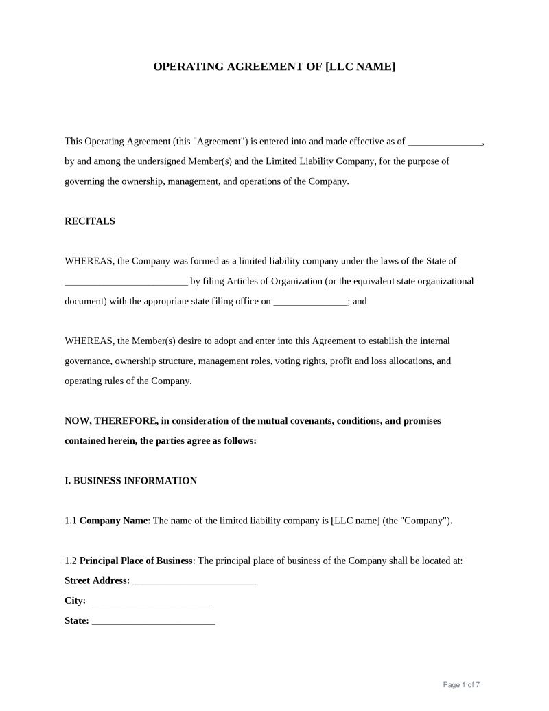 LLC Operating Agreement Preview