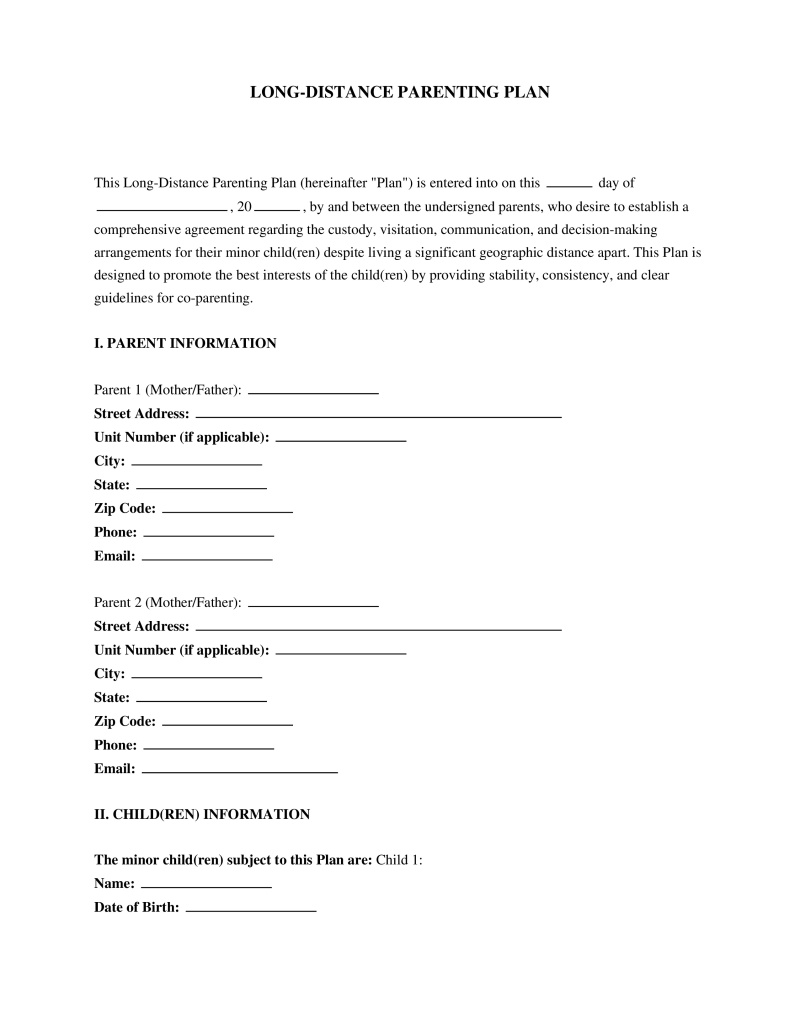 Long Distance Parenting Plan Template Preview