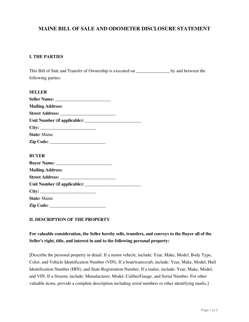 Maine Bill of Sale Preview