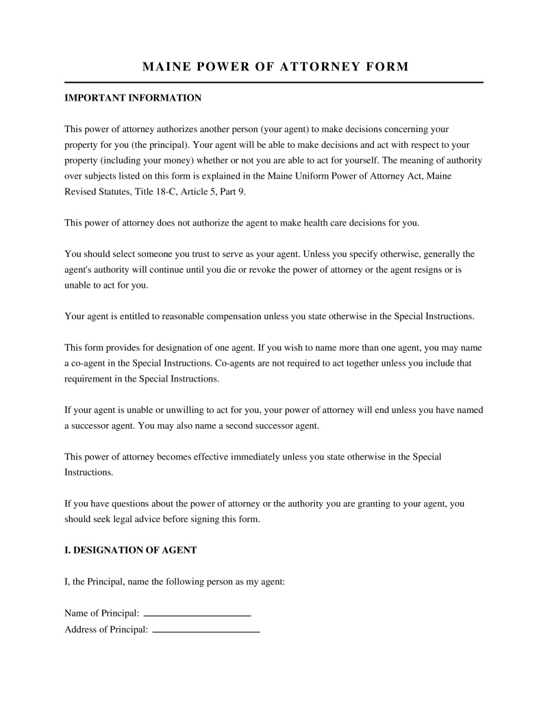 Maine Power of Attorney Form Preview