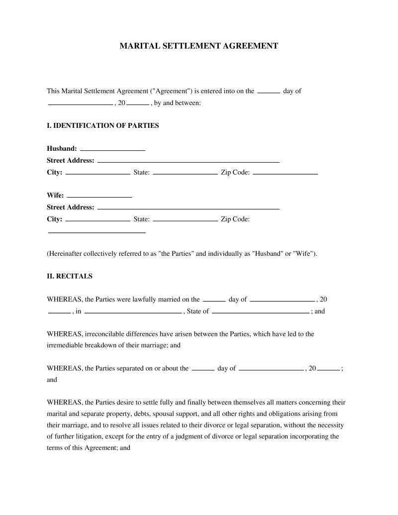 Marital Settlement Agreement Preview