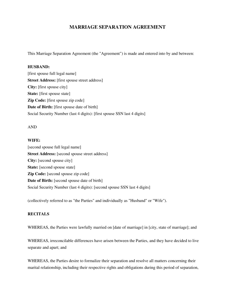 Marriage Separation Agreement Preview