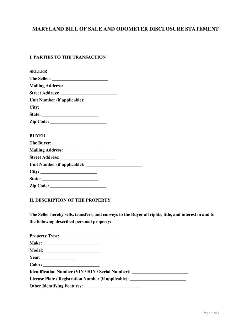 Maryland Bill of Sale Preview