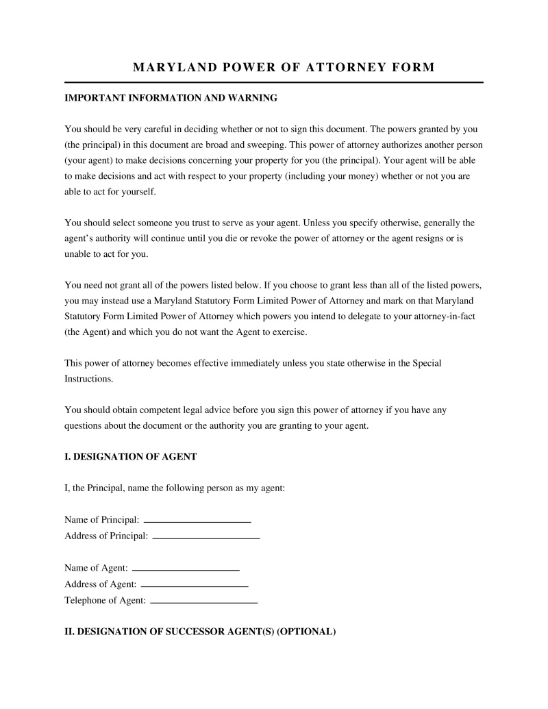 Maryland Power of Attorney Form Preview