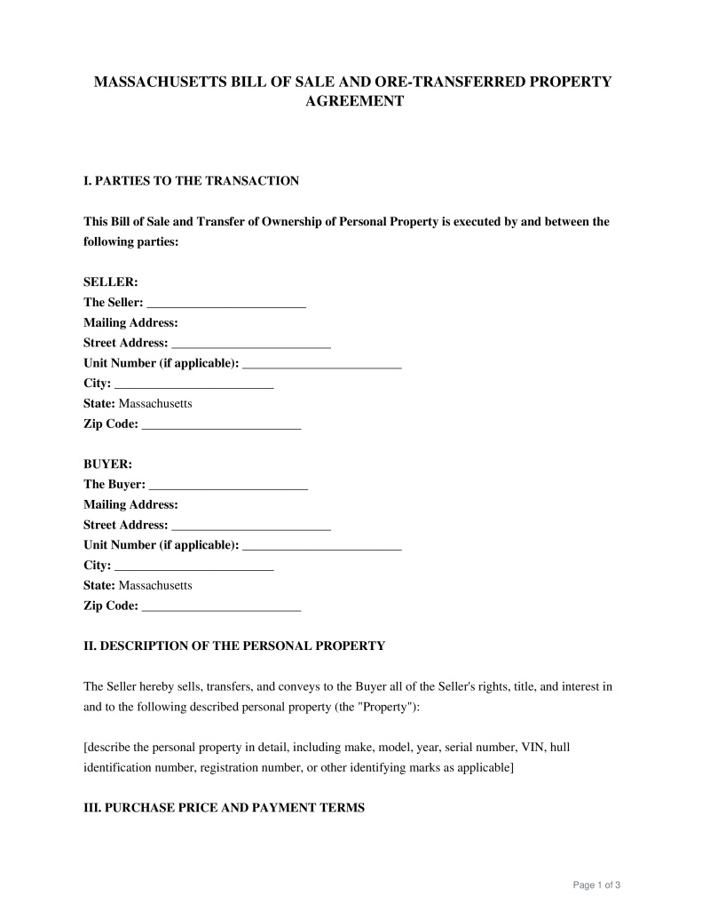 Massachusetts Bill of Sale Preview