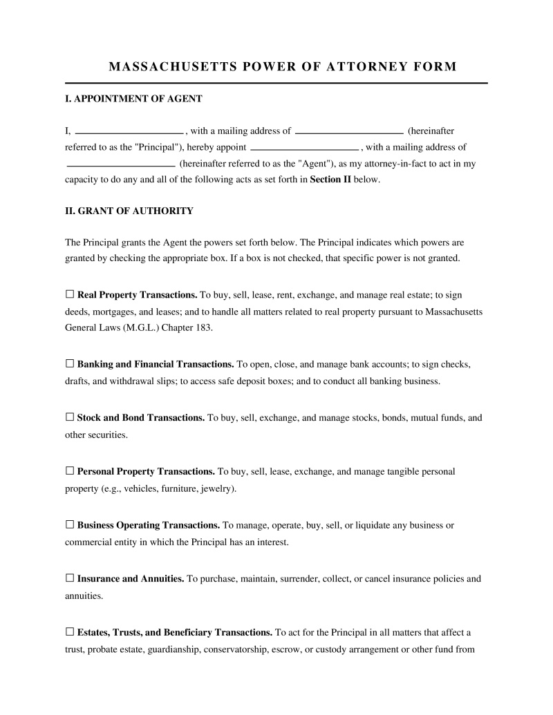 Massachusetts Power of Attorney Form Preview