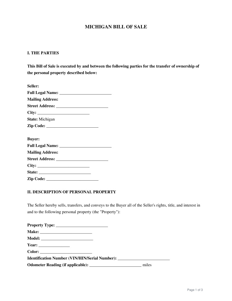 Michigan Bill of Sale Preview