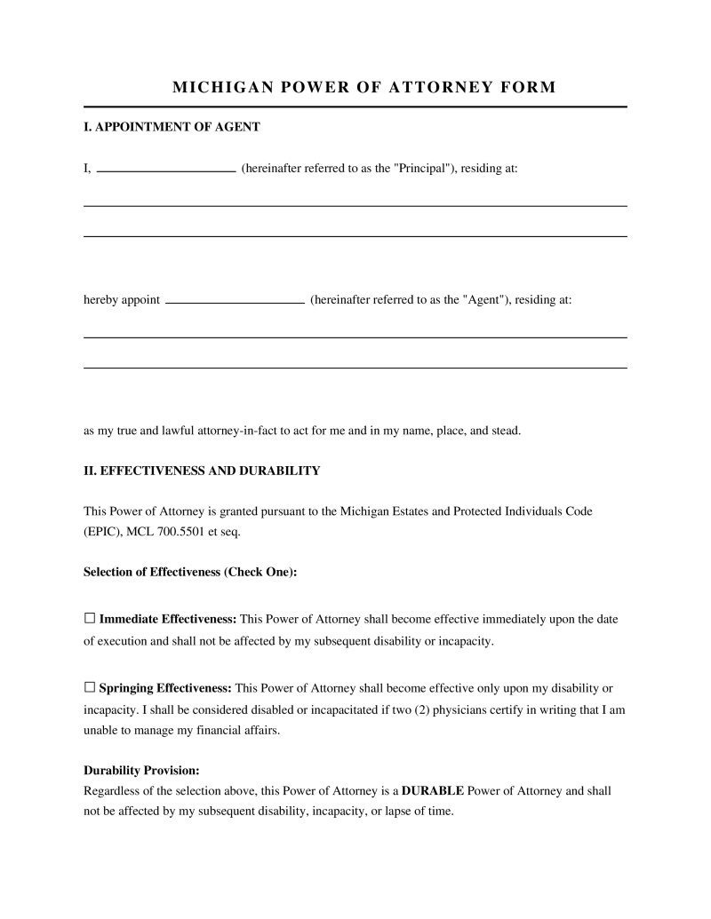 Michigan Power of Attorney Form Preview