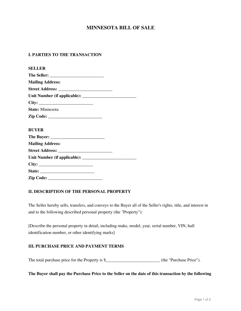 Minnesota Bill of Sale Preview