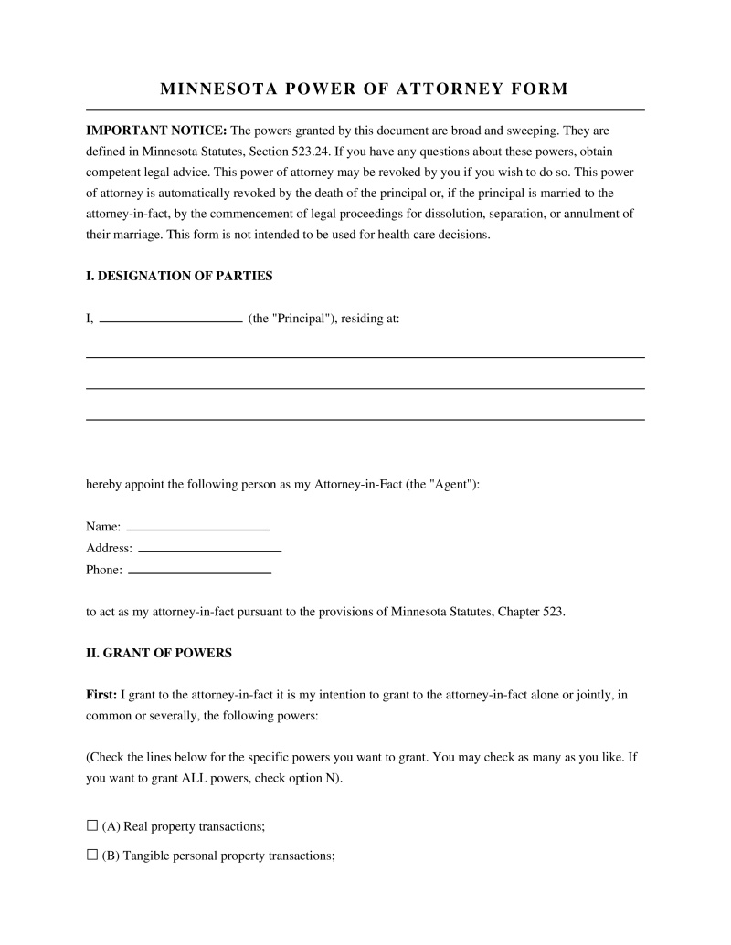 Minnesota Power of Attorney Form Preview
