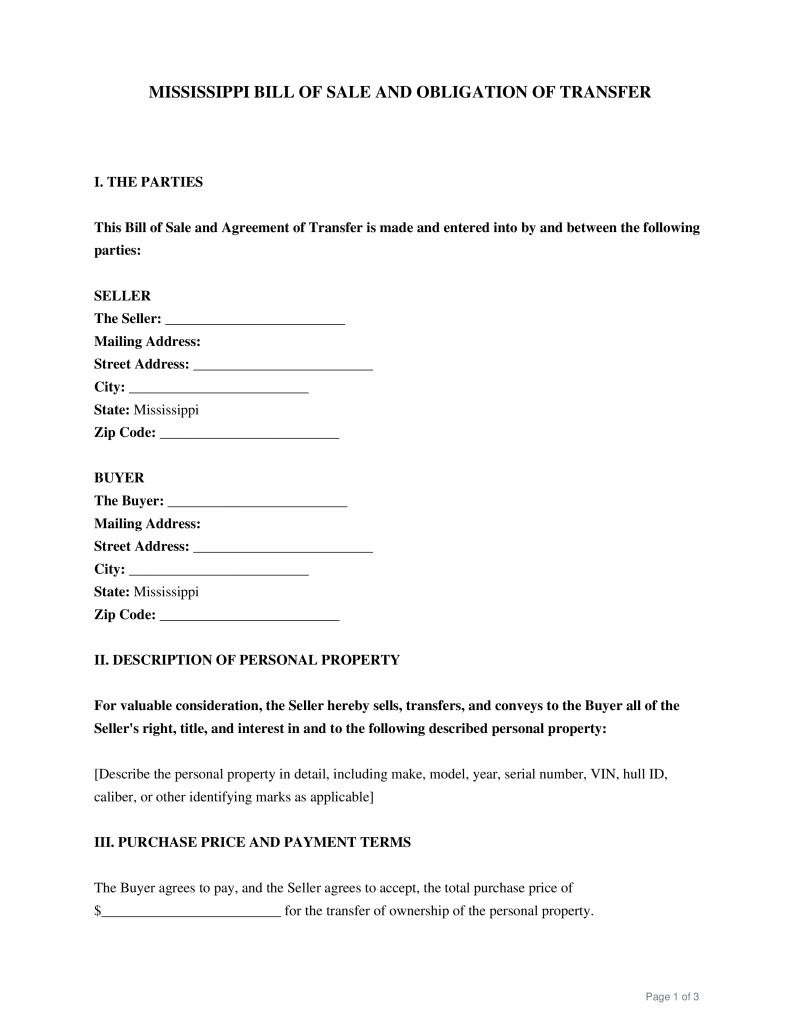 Mississippi Bill of Sale Preview