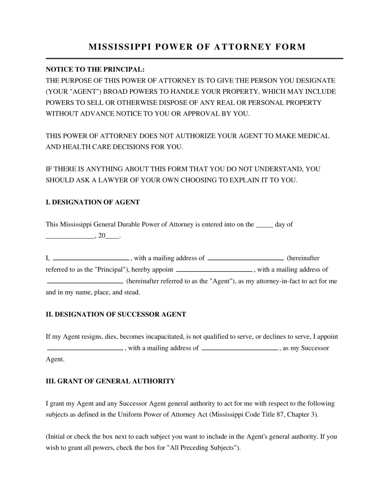 Mississippi Power of Attorney Form